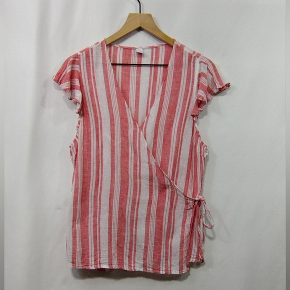 Old Navy Tops - Old Navy Linen Blend Striped Top Women's L Red White Boho Retro 90s Y2K